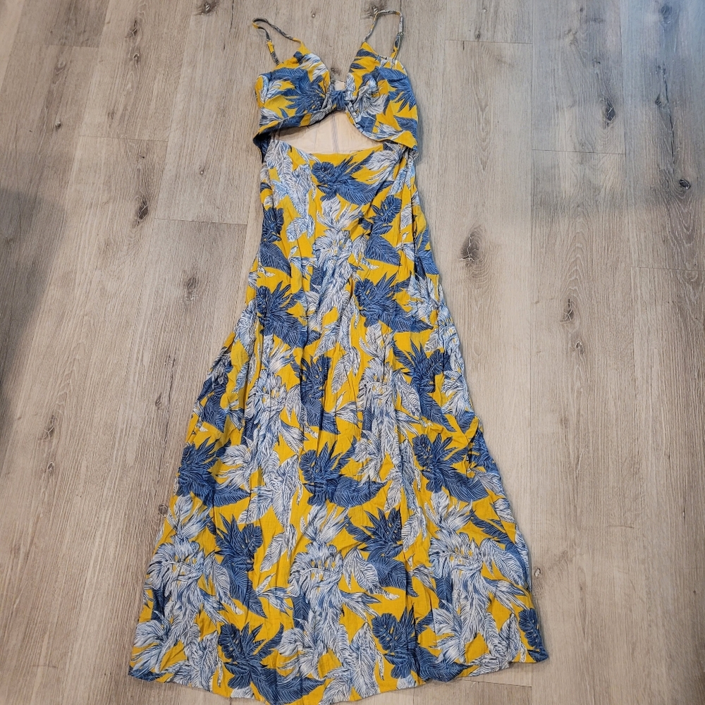 Audrey 3+1 Sleeveless Cut Out Floral Leaves Maxi Dress Blue Yellow Sz Medium